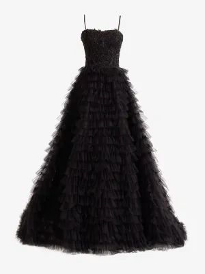 Jordan | A-Line Tiered Sequins Tulle Long Prom Dress