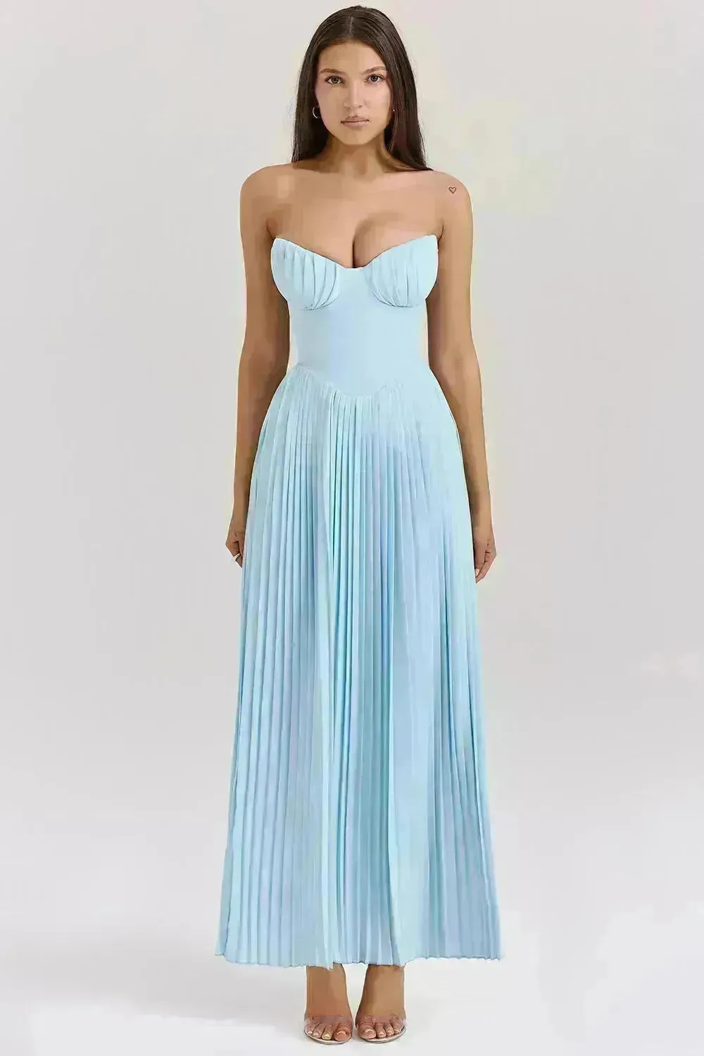 Luxury Blue Strapless Slimming Pleated Long Dress Elegant Tube Dress for Wedding Cocktail Evening Party Events.