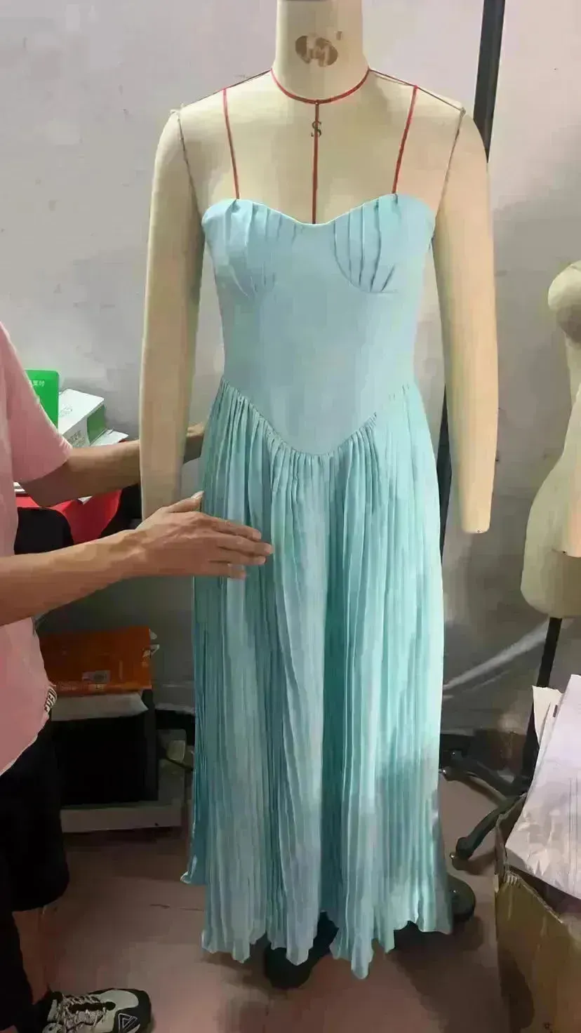Luxury Blue Strapless Slimming Pleated Long Dress Elegant Tube Dress for Wedding Cocktail Evening Party Events.