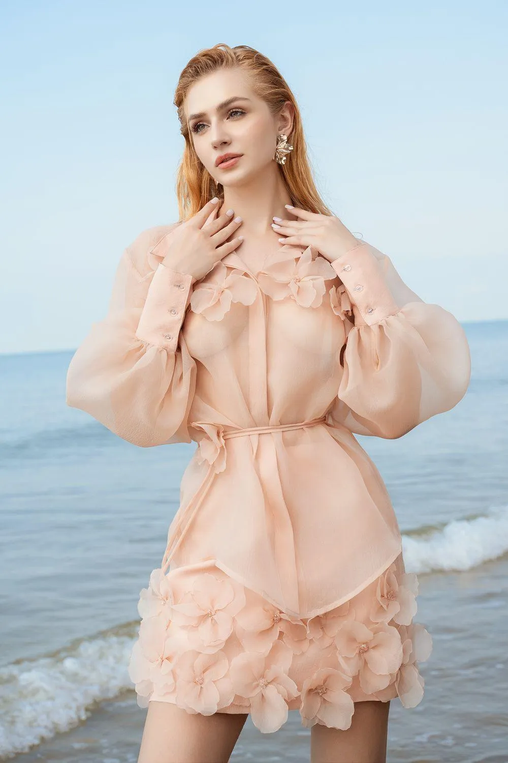 Medith A-line Flower Applique Silk Organza Mini Skirt