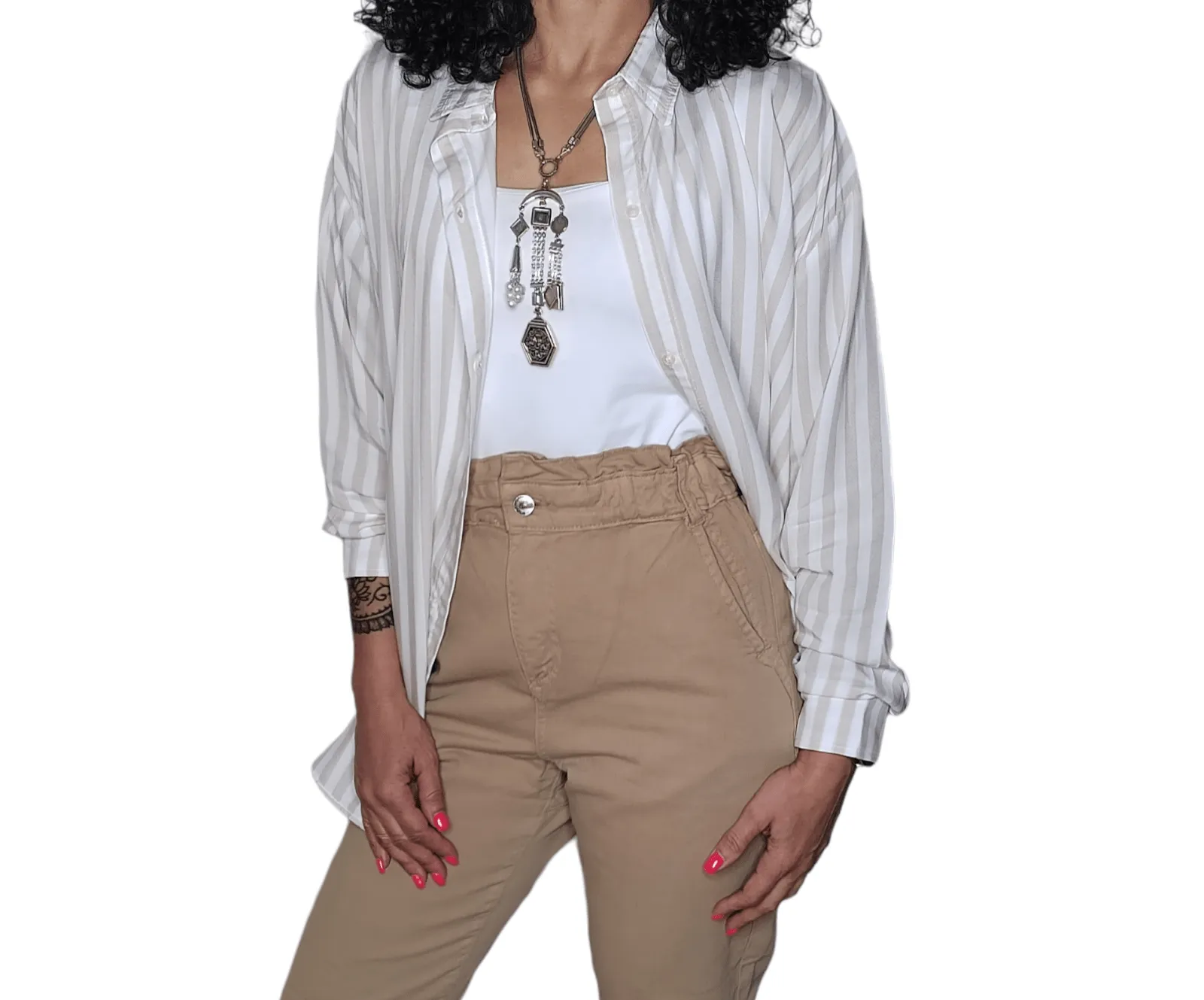 Women Chemise (One-Size) - Stripped - Beige