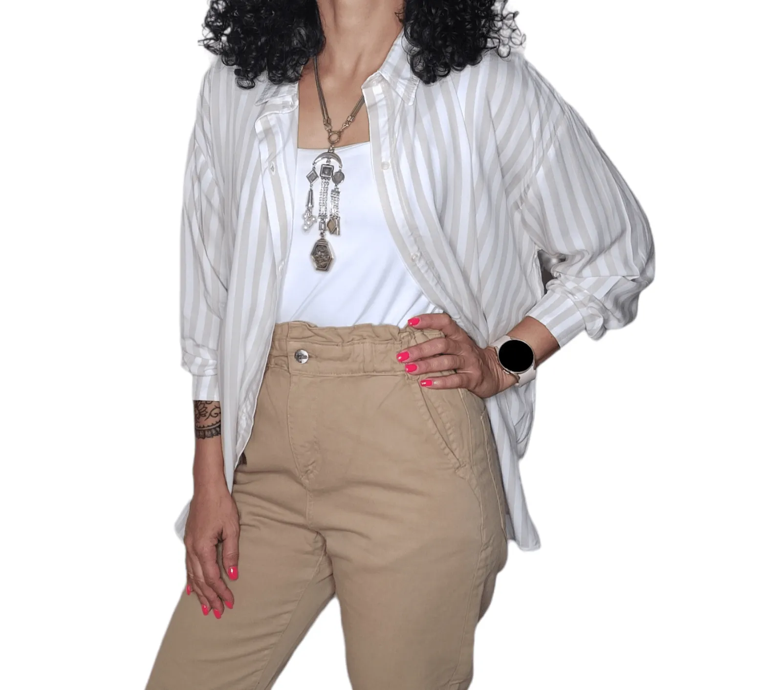 Women Chemise (One-Size) - Stripped - Beige