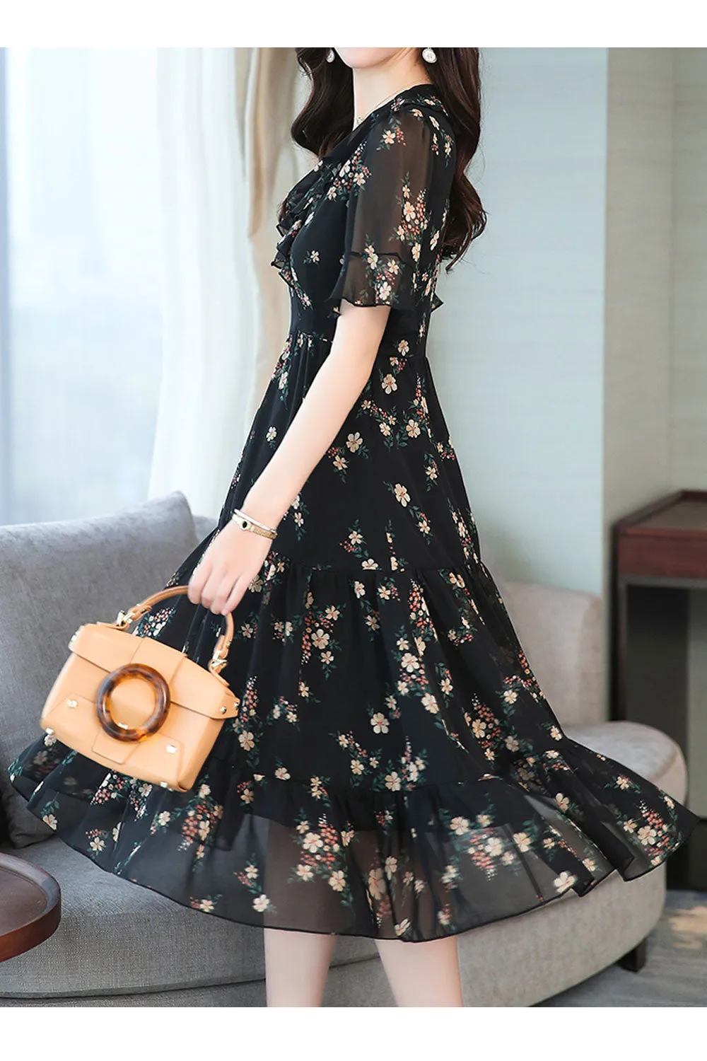 Women Ruffled V-Neck Floral Printed Dress - C5951TCD