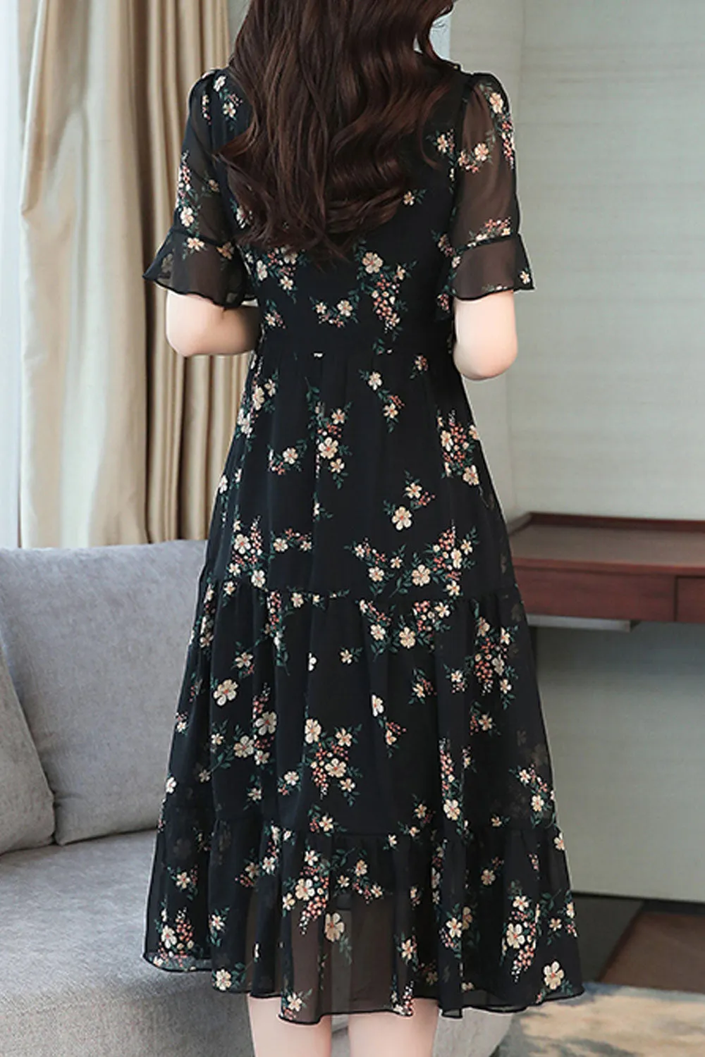 Women Ruffled V-Neck Floral Printed Dress - C5951TCD
