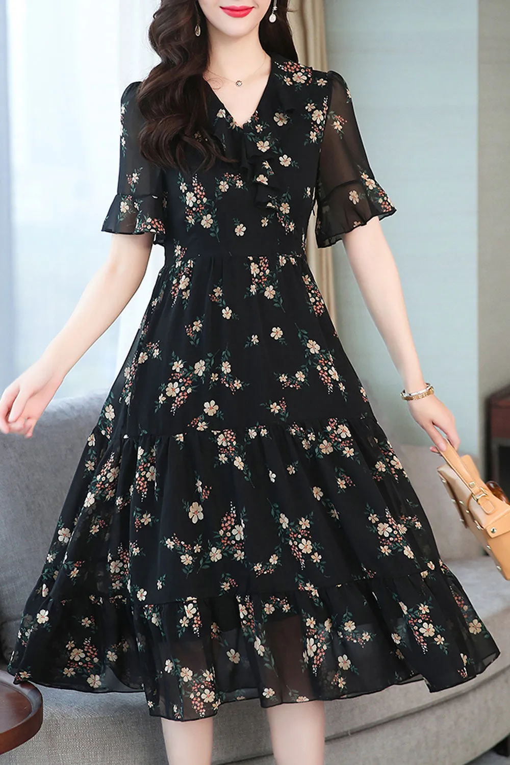 Women Ruffled V-Neck Floral Printed Dress - C5951TCD