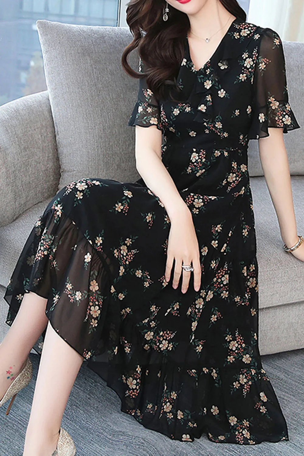Women Ruffled V-Neck Floral Printed Dress - C5951TCD