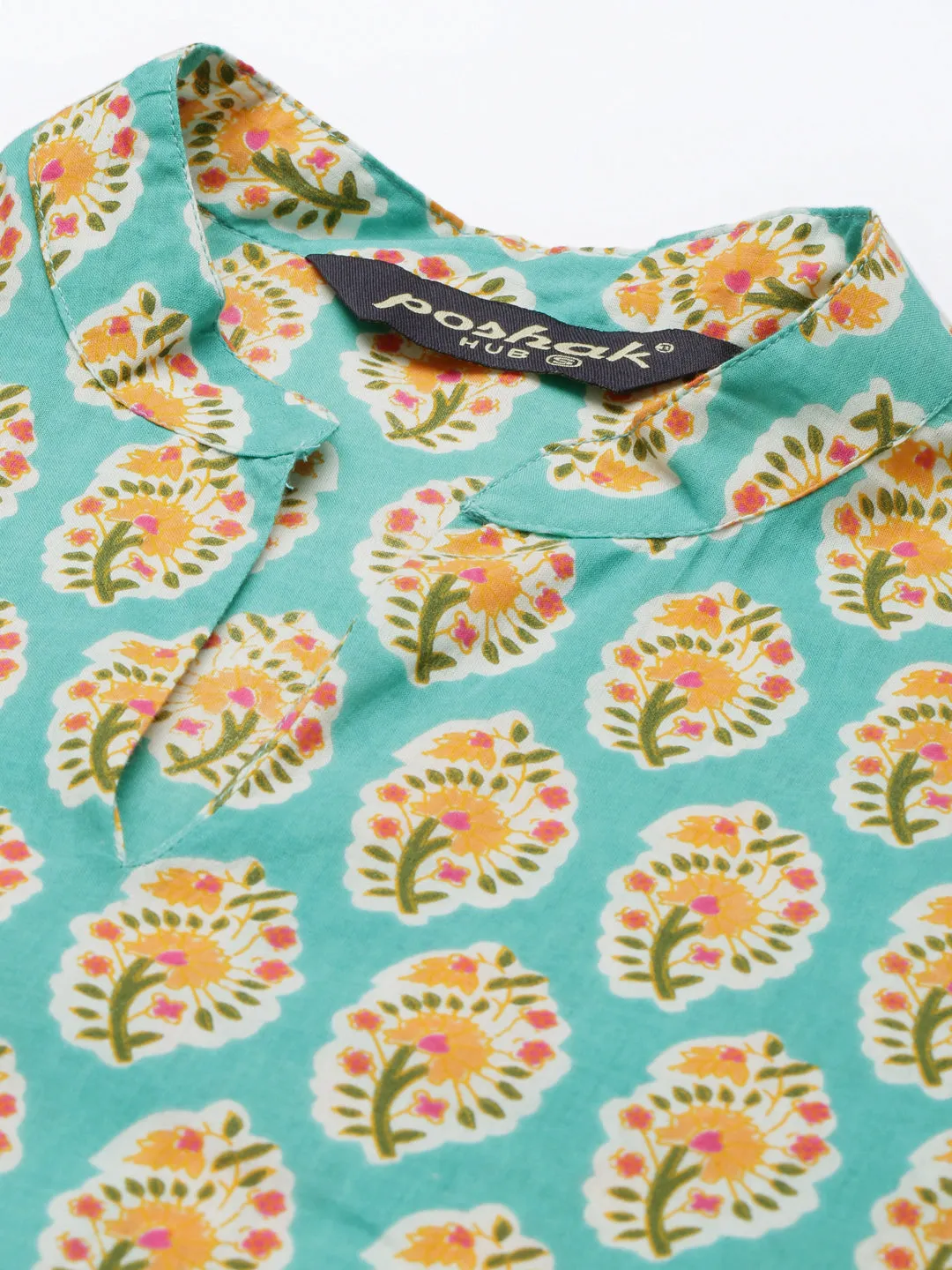 Women Torquiose Cotton Print Straight Kurta With Skirt