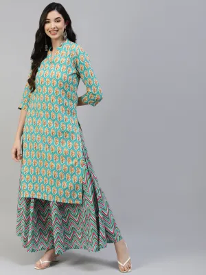 Women Torquiose Cotton Print Straight Kurta With Skirt