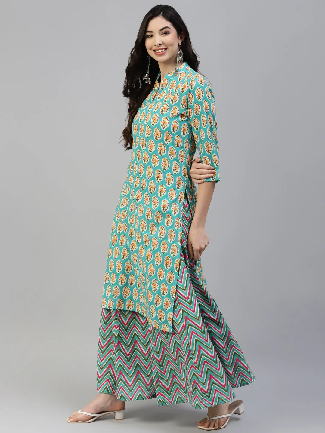 Women Torquiose Cotton Print Straight Kurta With Skirt