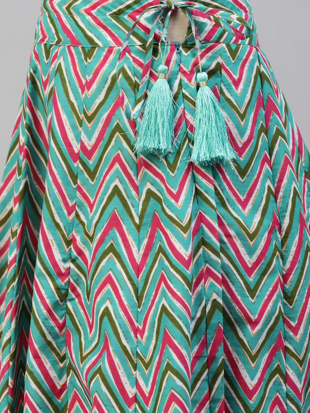 Women Torquiose Cotton Print Straight Kurta With Skirt