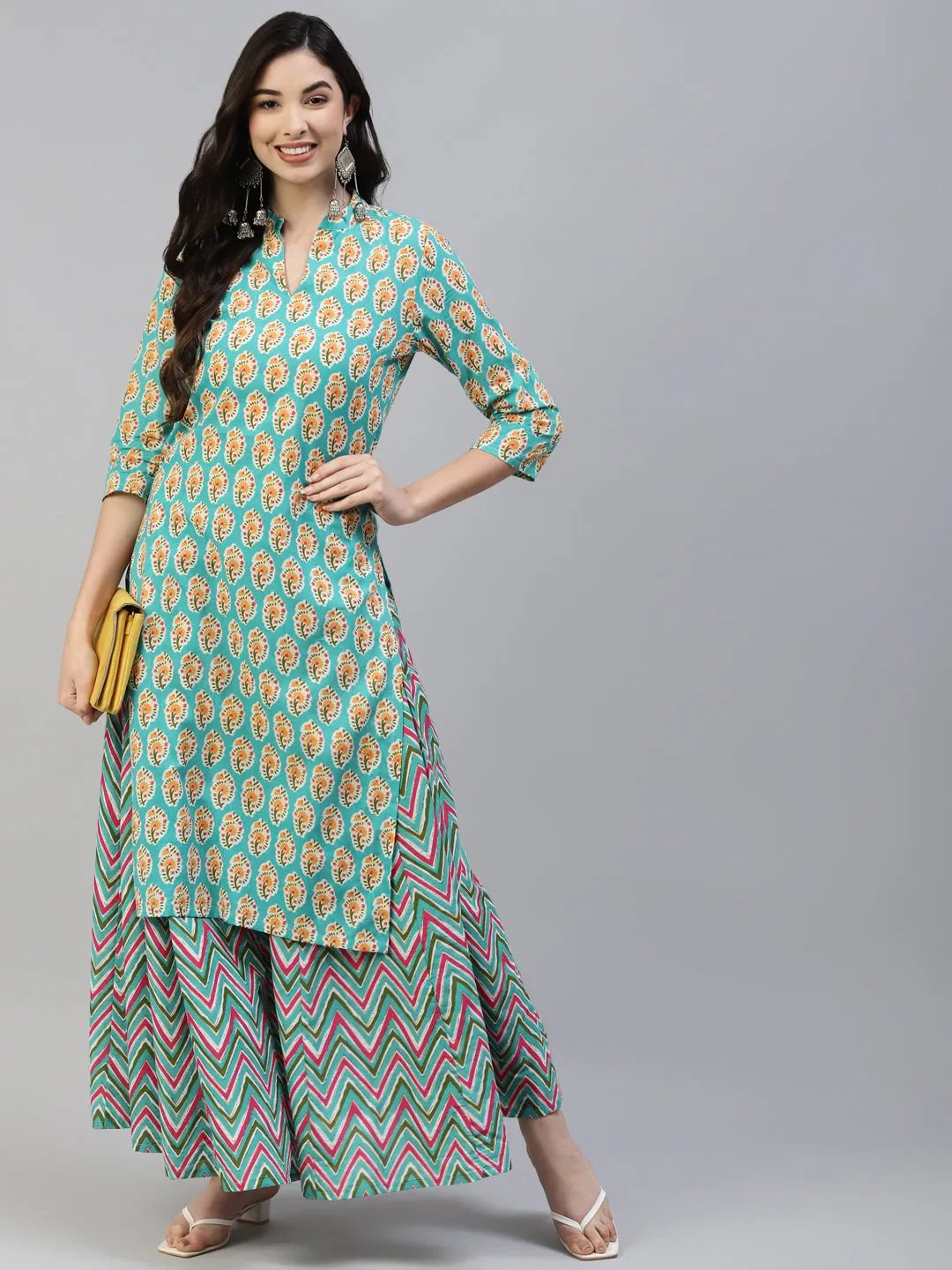 Women Torquiose Cotton Print Straight Kurta With Skirt